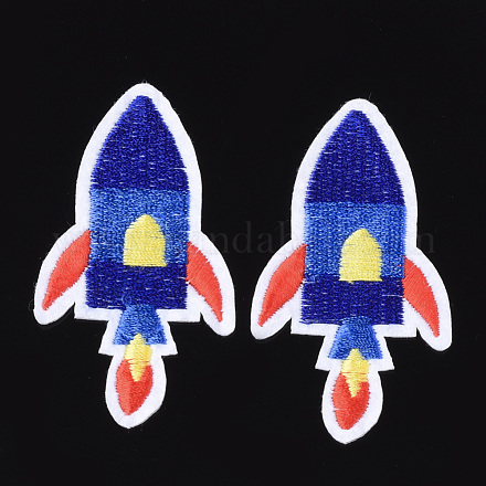機械刺繍布地アイロンワッペン  マスクと衣装のアクセサリー  アップリケ  ロケット  ブルー  70x40x1.5mm FIND-T030-018-1