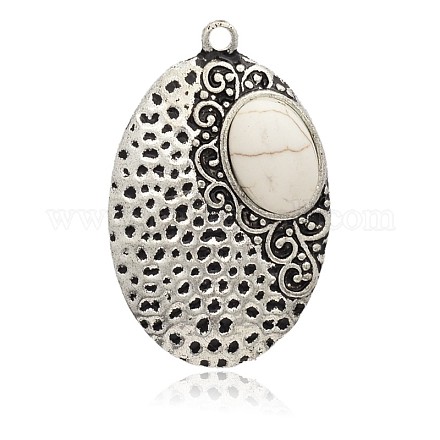 Antique Silver Plated Alloy Dyed Synthetic Turquoise Oval Pendants PALLOY-J680-03AS-1
