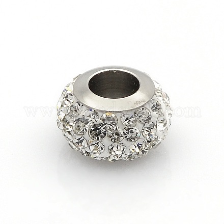 Nice Large Hole 304 Stainless Steel Polymer Clay Pave Rhinestone European Beads X-CPDL-O002-02A-1
