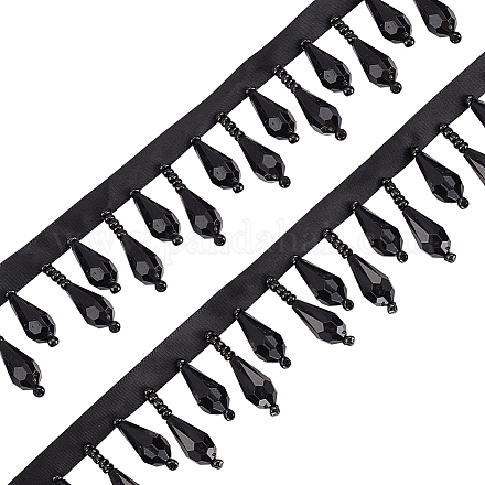 ポリエステルビーズタッセルトリミング  ティアドロッププラスチックビーズ付き  衣装の装飾  ブラック  30~42x8mm  約3ヤード/カード DIY-WH0111-431-1