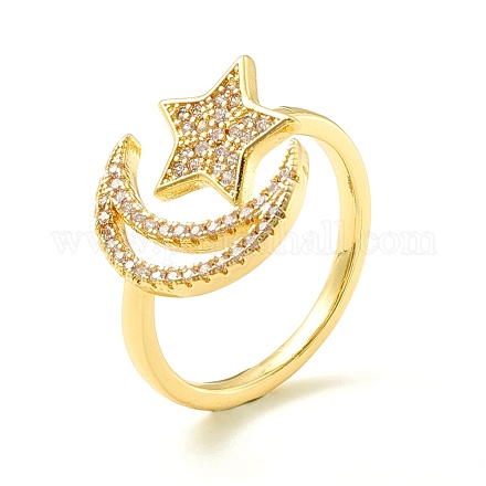 Clear Cubic Zirconia Moon and Star Open Cuff Ring for Women ZIRC-P096-15G-1