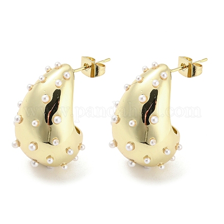 Boucles d'oreilles en laiton en forme de larme avec perles d'imitation abs EJEW-I300-01G-1