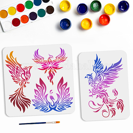2pcs Phoenix Stencils for Painting Firebird Drawing Stencil 4 Phoenixes 11.8×11.8/8.3×11.7inch DIY Art Template with Paint Brush for Wood Canvas Wall Furniture DIY-MA0002-59-1