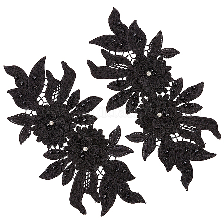 GORGECRAFT 1 Pair 3D Floral Embroidered Lace Applique Flower Bead Patches with Imitation Pearl Neckline Lace Trim for DIY Sewing Crafts Embellishments Wedding Party Dress Decoration Supplies DIY-WH0321-87A-1