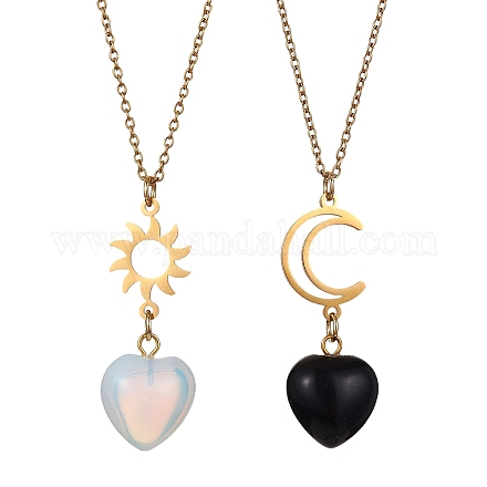 Ensemble de colliers avec pendentif cœur en opalite et obsidienne naturelle NJEW-JN04484-1