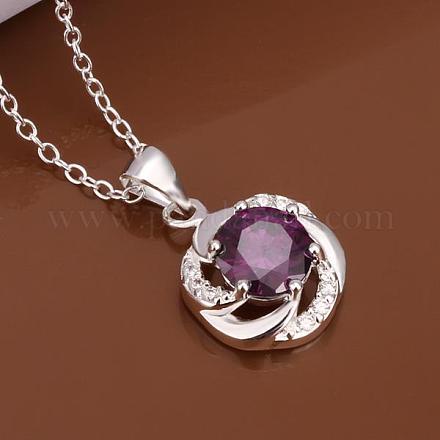 Simple Silver Color Plated Brass Cubic Zirconia Flat Round Pendant Necklaces For Women NJEW-BB12929-02-1