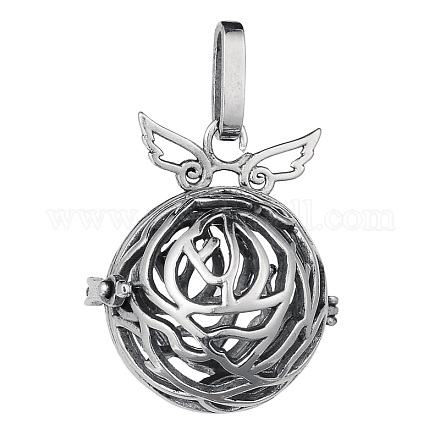Brass Hollow Round with Rose and Wing Cage Pendants KK-E662-03AS-NR-1