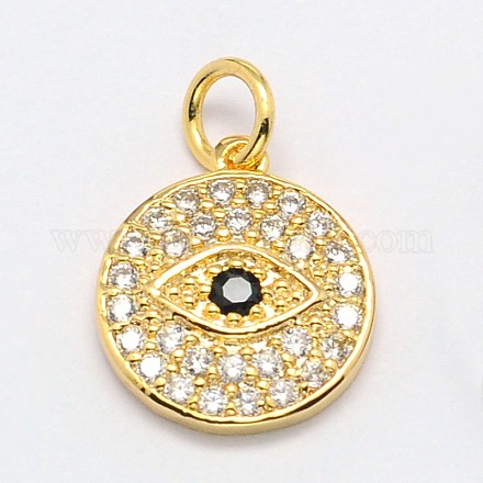 Flat Round with Evil Eye Brass Micro Pave Cubic Zirconia Charms ZIRC-F017-07G-1