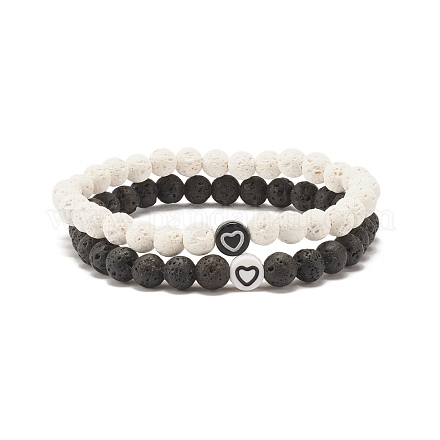 2 pièces 2 styles pierre de lave naturelle (teinte) bracelets extensibles en perles rondes sertis de coeur BJEW-JB07579-1