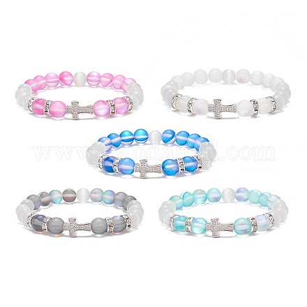 5 pièces 5 couleurs pierre de lune synthétique & oeil de chat & zircone cubique croix perlée bracelet extensible pour femme BJEW-JB08972-1