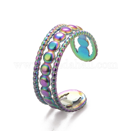 Ion Plating(IP) Rainbow Color  304 Stainless Steel Triple Line Open Cuff Ring for Women RJEW-C025-07M-1