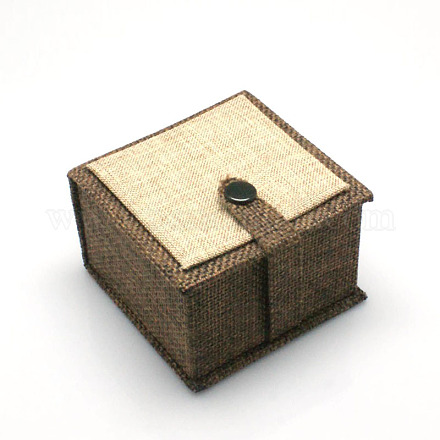 長方形の木製のリングボックス  黄麻布とベルベットと  淡い茶色  6.5x7x4.5cm OBOX-N008-03-1