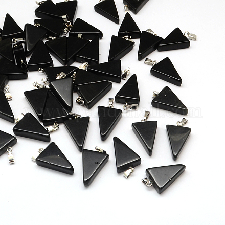 三角形天然な黒の石のペンダント  プラチナトーンの真鍮パーツ  22~25x14~15x5~7mm  穴：2x7mm G-Q356-07-1
