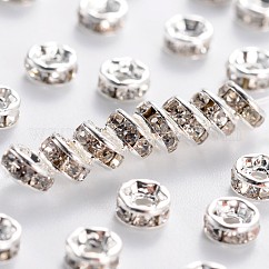 Grade ottone a strass distanziatore perline, colore argento placcato, nichel libero, rondelle, cirstallo, 4x2mm, Foro: 0.8 mm