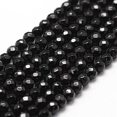 Hebras de cuentas de ónix negro teñidas y calentadas de forma natural, Grado A, facetados, redondo, 4mm, agujero: 1 mm, aproximamente 89~90 pcs / cadena, 14.5 pulgada ~ 14.6 pulgadas