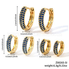 Boucles d'oreilles créoles élégantes en laiton avec pavé de zircones cubiques, Forme de l'anneau, or, bleu foncé, 15~11x3mm
