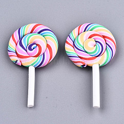 Weihnachtliche handgemachte Polymer Clay Cabochons, für Handyhüllendekoration und DIY-Schmuckherstellung, Lutscher, Regenbogen-Farb, 43~49.5x27~28.5x6.5 mm