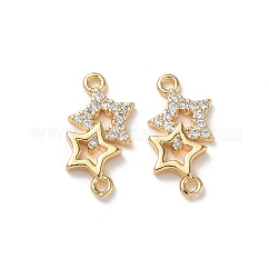 Verbindungsanhänger mit Mikropavé aus Messing mit durchsichtigen Zirkonia-Steinen, Sterne-Verbinder, echtes 18k vergoldet, 15.5x8x2 mm, Bohrung: 1 mm