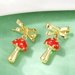 Серьги-гвоздики с подвесками из латунной эмали в виде гриба с бантом&nbsp;EJEW-F895-25A-G