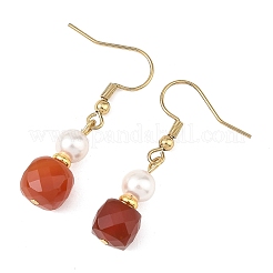 Pendientes colgantes cúbicos de cornalina natural con perlas redondas de concha.&nbsp;EJEW-JE07522