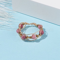 Anello da dito rotondo con perline intrecciate in rodocrosite naturale con vetro&nbsp;RJEW-JR00450-04