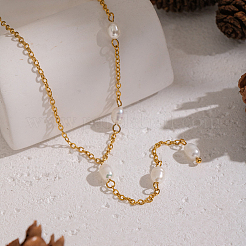 Элегантные ожерелья из нержавеющей стали 304 с натуральным пресноводным жемчугом в виде рисовых звеньев для женщин&nbsp;EH4993