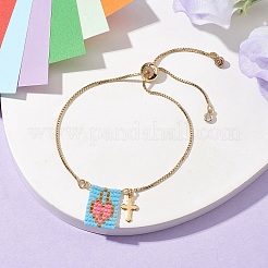 Braccialetti in silder con ciondoli a forma di croce in ottone e cuore di semi di vetro&nbsp;BJEW-MZ00056