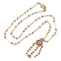 Boho-Halskette mit mehrlagigen Quasten aus Messingharz und rotem Anhänger mit bösem Blick&nbsp;NJEW-L014-04G