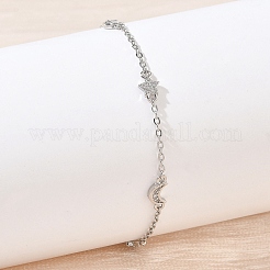 Pulseras de eslabones de estrella y luna con microengaste de circonitas cúbicas transparentes en latón&nbsp;KK-CBA6980-28P
