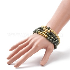 4 pièces 4 style jaspe zèbre vert naturel et bois et hématite synthétique ensemble de bracelets extensibles perlés ronds&nbsp;BJEW-JB08361