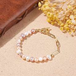 Bracelet en perles de perles naturelles avec chaînes de trombones en laiton pour femme&nbsp;BJEW-JB07920-02