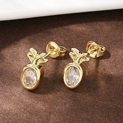 Серьги-гвоздики в форме ананаса с микропаве из латуни и прозрачными кубическими цирконами&nbsp;EJEW-L101-02G