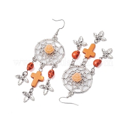 4 par de pendientes colgantes de turquesa sintética de 4 colores con red/red tejida con cruz y calavera&nbsp;EJEW-JE05865