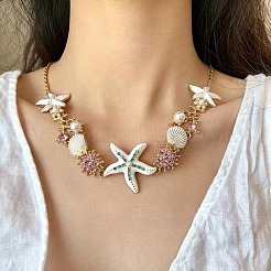 Bohemian Sommer Legierung Emaille Strass & Kunststoff Perle Muschel Form Seestern Gliederkette Halsketten für Frauen&nbsp;FS-WGAD57C-01