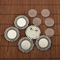 25mm Transparent Glass Cabochons and Flat Round Tibetan Style Brooch Cabochon Settings, Cadmium Free & Nickel Free & Lead Free, Antique Silver, Cabochon Settings: 39mm, Tray: 25mm, Pin: 0.8mm
