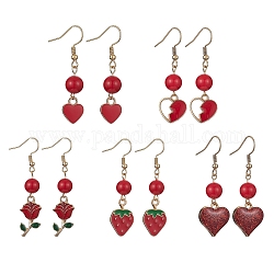 Boucles d'oreilles pendantes en alliage d'émail et de jade mashan teint naturel, 304 boucles d'oreilles pendantes en acier inoxydable pour la Saint-Valentin, forme mixte, rouge, 44~51x10~11mm