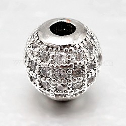 Perles rondes en laiton avec zircone cubique de micro pave, clair, platine, 10mm, Trou: 2mm