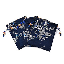 Pochettes en soie, sacs à cordonnet, avec des perles en bois  , bleu de Prusse, 14.7~15x10.9~11.9 cm