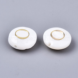 Perles de coquillages naturels d'eau douce, avec ornements en métal gravé en laiton doré, plat rond, couleur de coquillage, letter.o, 8x3~5mm, Trou: 0.5~07mm