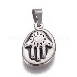 304 Stainless Steel Pendants, Oval with Hamsa Hand/Hand of Fatima/Hand of Miriam, Antique Silver, 20.5x14x3mm, Hole: 4x5mm