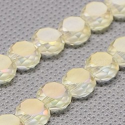 Chapelets de perles en verre électroplaqué, plein arc-en-plaqué, facette, mat, plat rond, jaune verge d'or clair, 6x3.5mm, Trou: 1mm