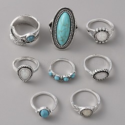 Set di anelli da dito in lega stile 8 pz 8 per donna, con turchese sintetico, foglia/ovale/a goccia/fiore/mezzo tondo, argento antico, diametro interno: 15.3~17.7mm, 1pcs / style