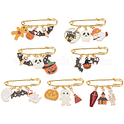 BENECREAT 1Set Halloween Pumpkin & House & Skull & Bat Alloy Enamel Charms Safety Pin Brooch, Golden Iron Lapel Pins for Backpack Clothes, Mixed Color, 25~43mm, 1pc/style, 7 style, 7pcs