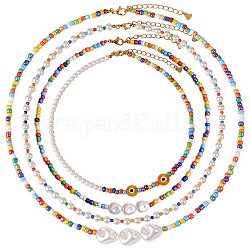 Collane con perline di semi di vetro e perle naturali in stile 4 pz 4 con malocchio per le donne, colore misto, 15.16~21.85 pollice (38.5~55.5 cm)