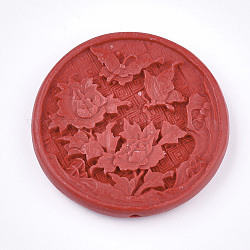 Zinnober-Perlen, geschnitzte Lack, flach rund mit Blume, rot, 49x9 mm, Bohrung: 1.8 mm