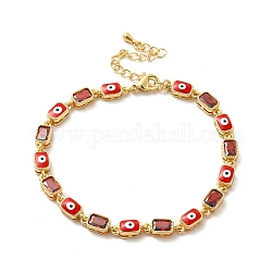 Bracelet chaîne à maillons rectangulaires en émail mauvais œil et zircone cubique, bijoux en laiton doré pour femme, rouge, 7-1/4 pouce (18.5 cm)