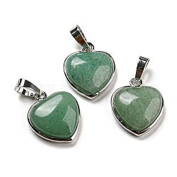 Pendentifs en aventurine vert naturel, Breloques cœur avec fermoirs en laiton plaqué platine, 20.5x17.5x7mm, Trou: 4x8mm