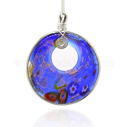 Handmade Lampwork Big Pendants, Gold Sand and Millefiori, with Platinum Plated Brass Findings, Flat Round Necklace Big Pendants, Royal Blue, 70x55x8mm, Hole: 4x5mm