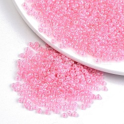 6/0 Glass Seed Beads, Inside Colours, Round Hole, Round, Transparent Colours Rainbow, Pink, 6/0, 4~5x2.5~4.5mm, Hole: 1.2mm, about 4500pcs/bag