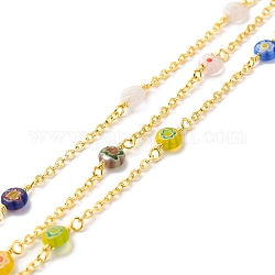 Chaînes de perles au chalumeau en verre millefiori faites à la main, véritables chaînes à câbles en laiton plaqué 18k or véritable, avec bobine, sans cadmium et sans plomb, couleur mixte, maillon de chaîne: 2.5x2x0.5mm, plat rond: 13~13.5x6x2.5~3 mm
